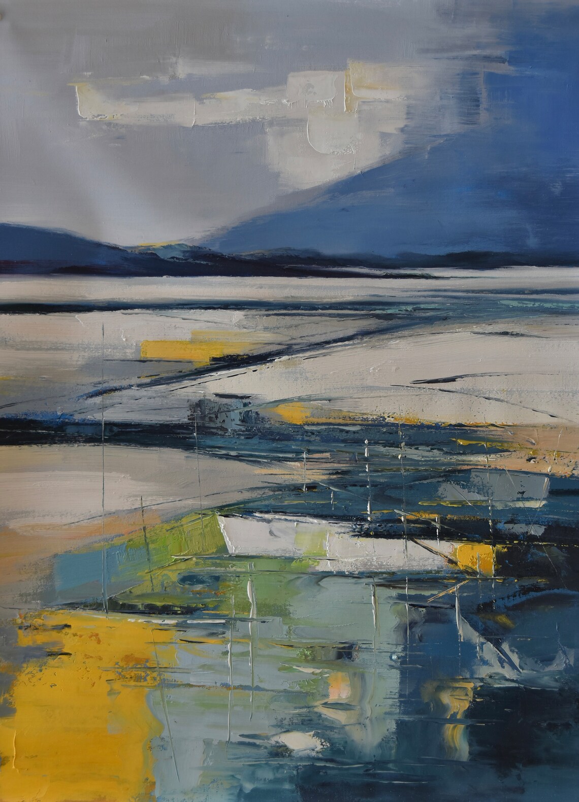 Abstract Blue And Gold Lakeside Landscape Modern Oil Painting Print - Image 5