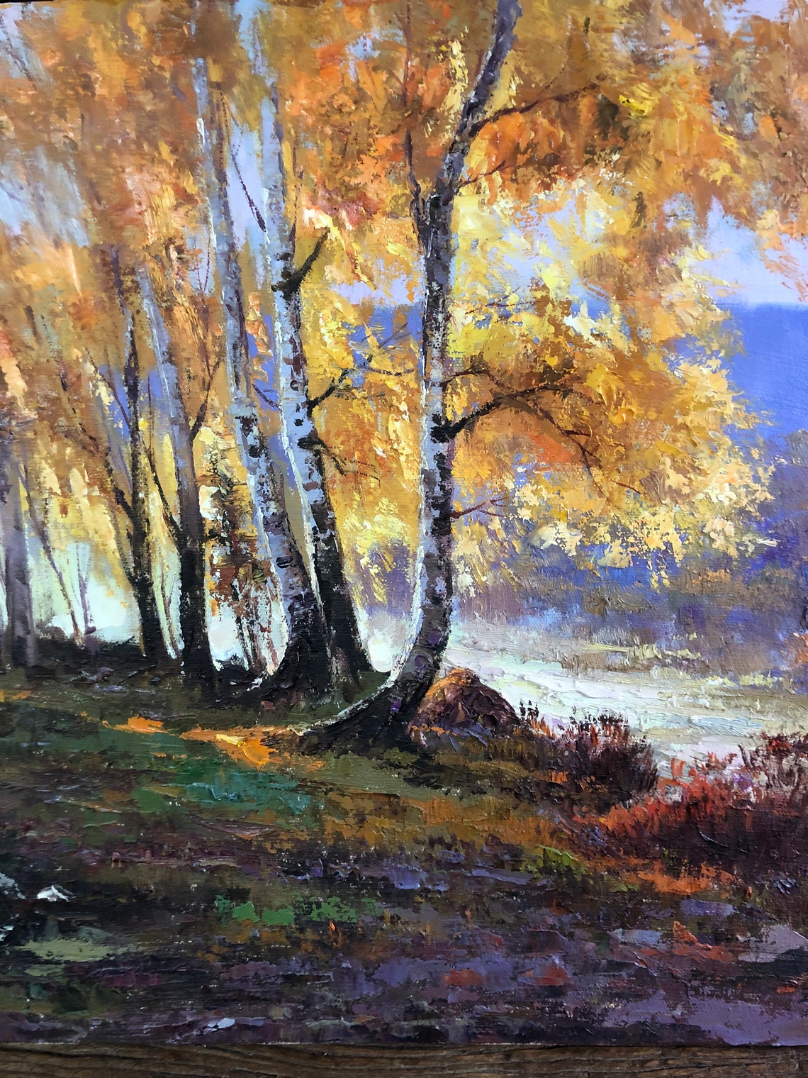 Golden Autumn Birch Trees Forest Misty Hillside Landscape Poster - Image 2