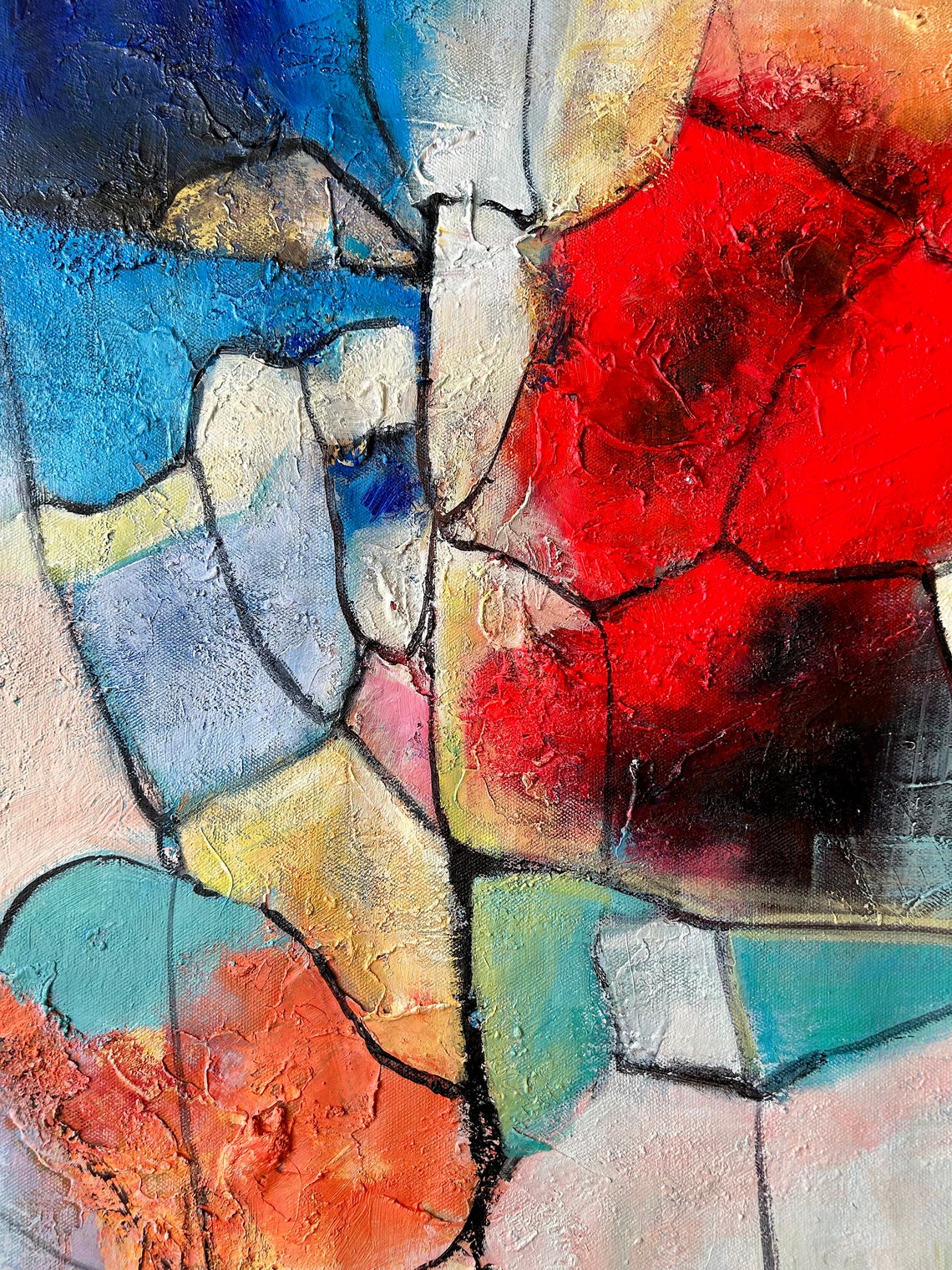 Abstract Blue Red Yellow Geometric Mosaic Oil Painting Print - Image 3