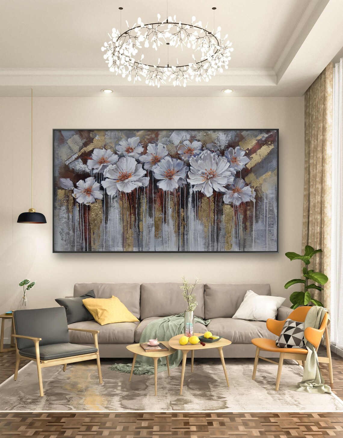 White Peony Blossoms With Dripping Gold Abstract Floral Wall Art