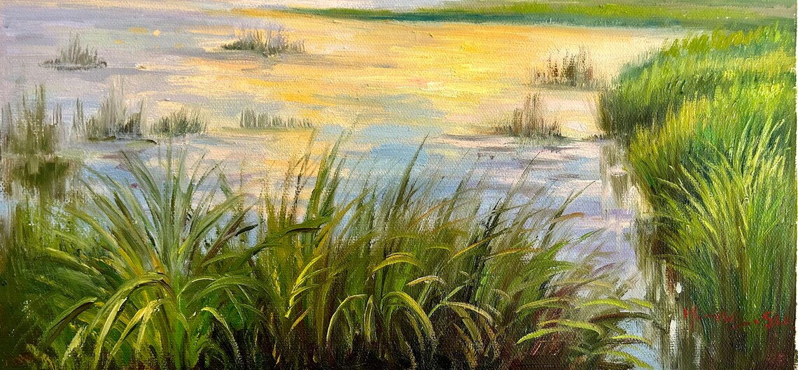 Golden Marsh Sunset Lake Reflection Reeds Wetland Oil Poster - Image 4