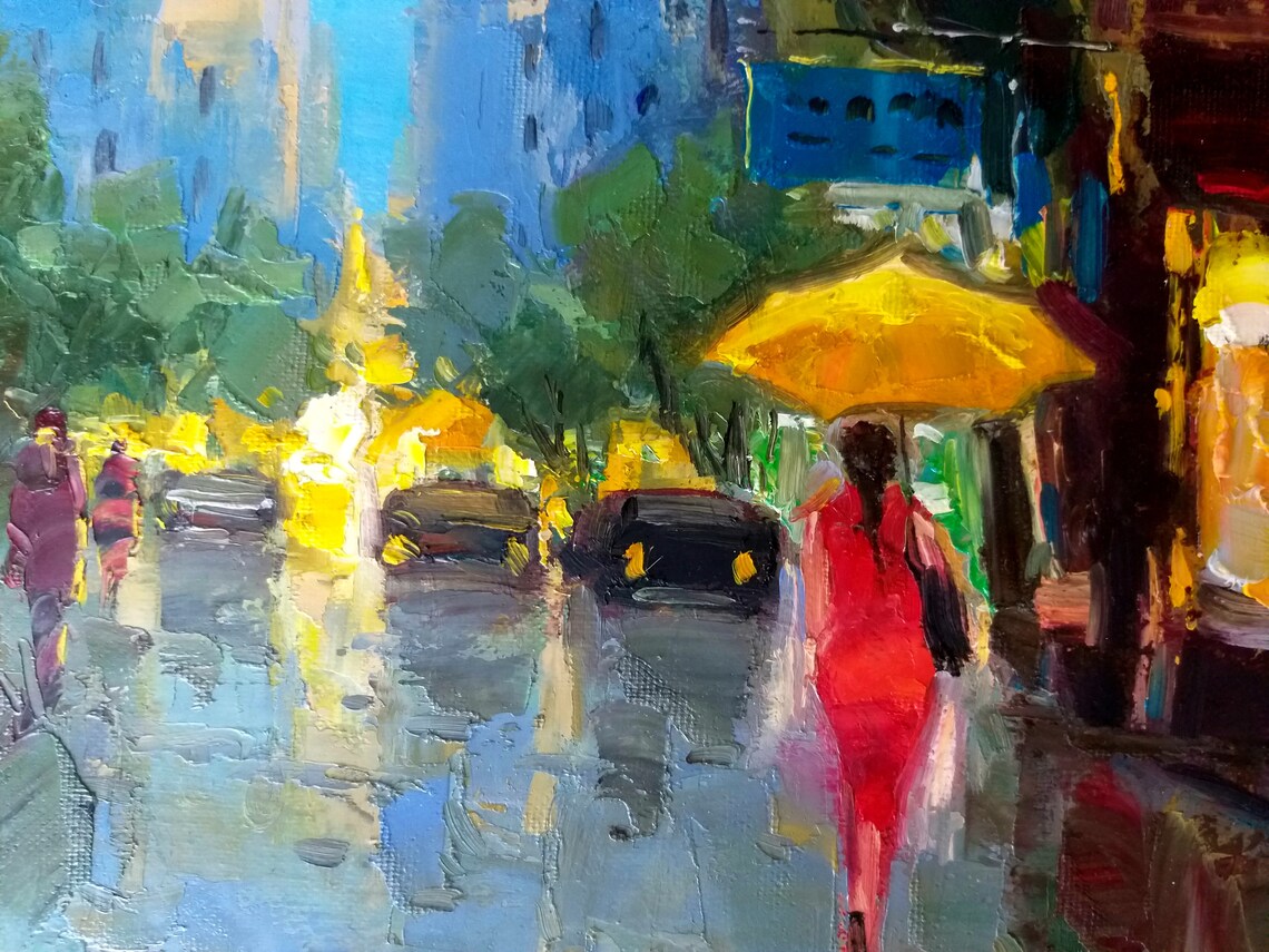 Rainy City Street Yellow Umbrella Red Dress Night Lights Poster - Image 2