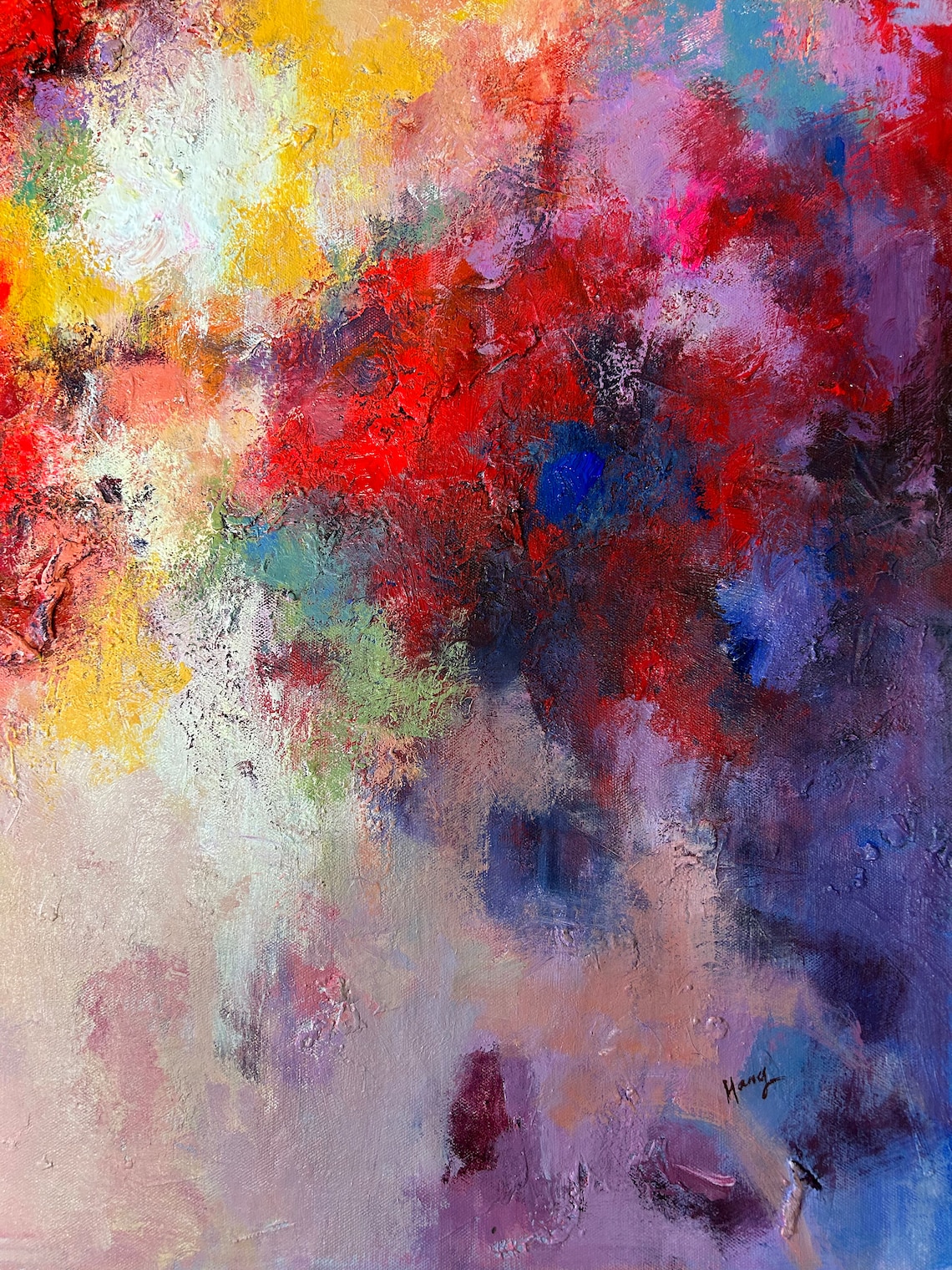 Fiery Red Pink Yellow Abstract Cloud Oil Painting Modern Print - Image 2