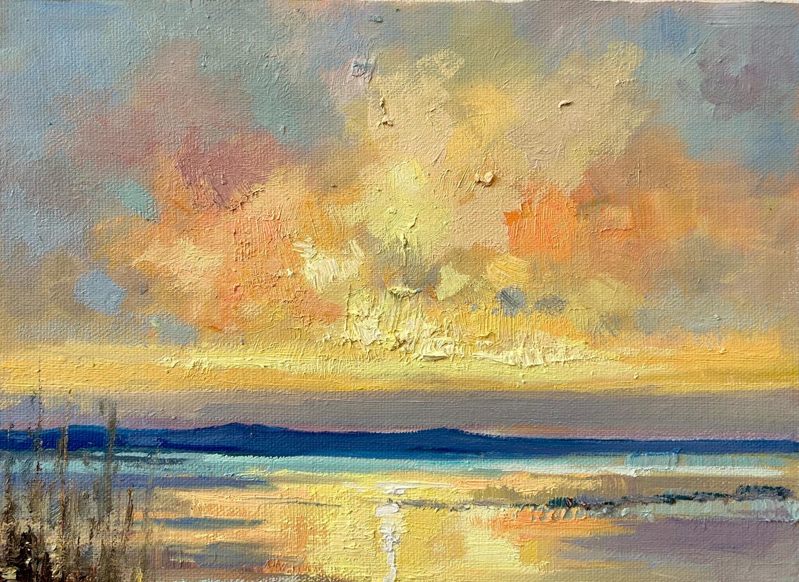 Winter Wetlands Sunset Oil Painting Frozen Lake Golden Sky Poster - Image 4