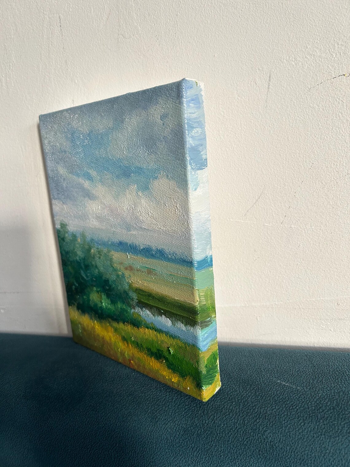Summer River Meadow Oil Painting Green Banks Blue Sky Calm Water Poster - Image 3