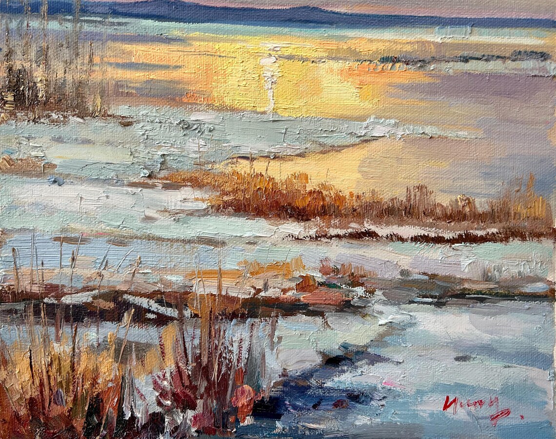 Winter Wetlands Sunset Oil Painting Frozen Lake Golden Sky Poster - Image 3