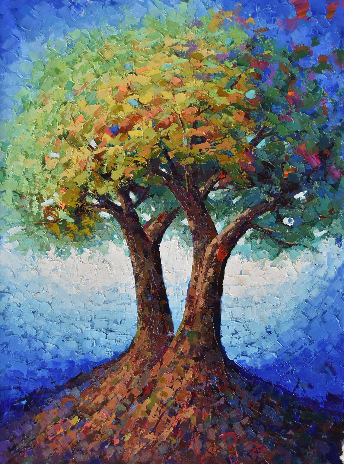 Colorful Tree Of Life Palette Knife Painting On Deep Blue Print - Image 5