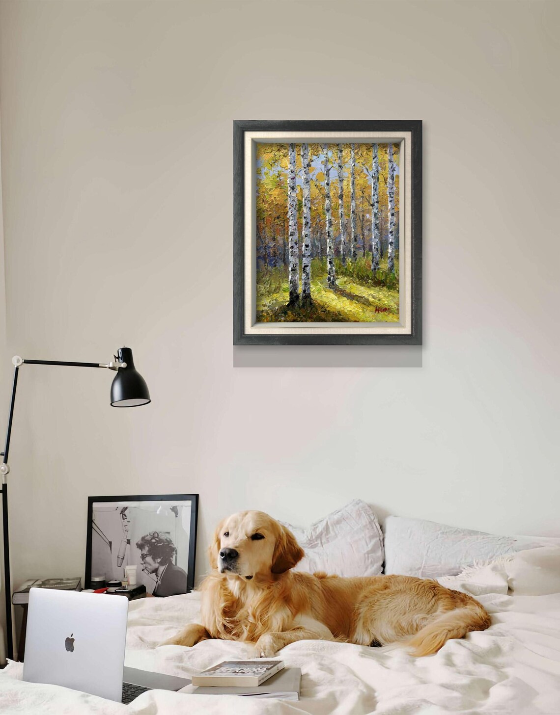 Golden Birch Grove Oil Painting Sunlit Path Autumn Woodland Poster - Image 2