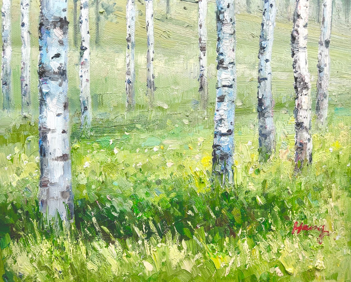 White Birch Forest In Spring Green Meadow Landscape Oil Poster - Image 4