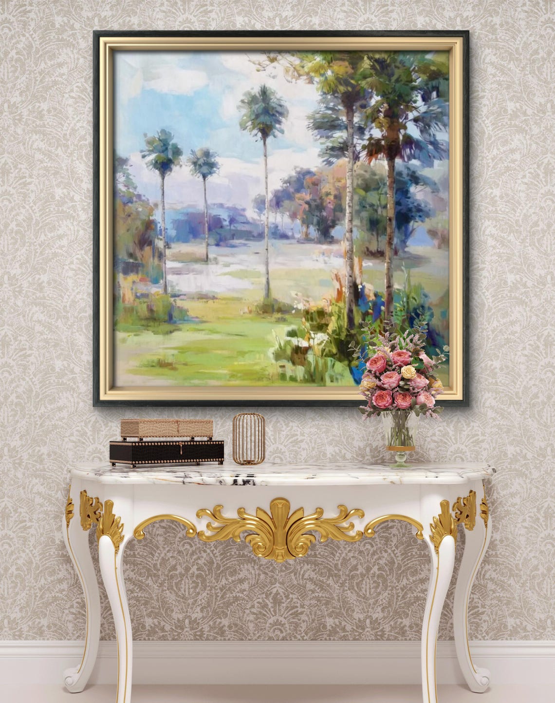 Tropical Palm Trees Sunny Meadow Pastel Landscape Art Poster - Image 2
