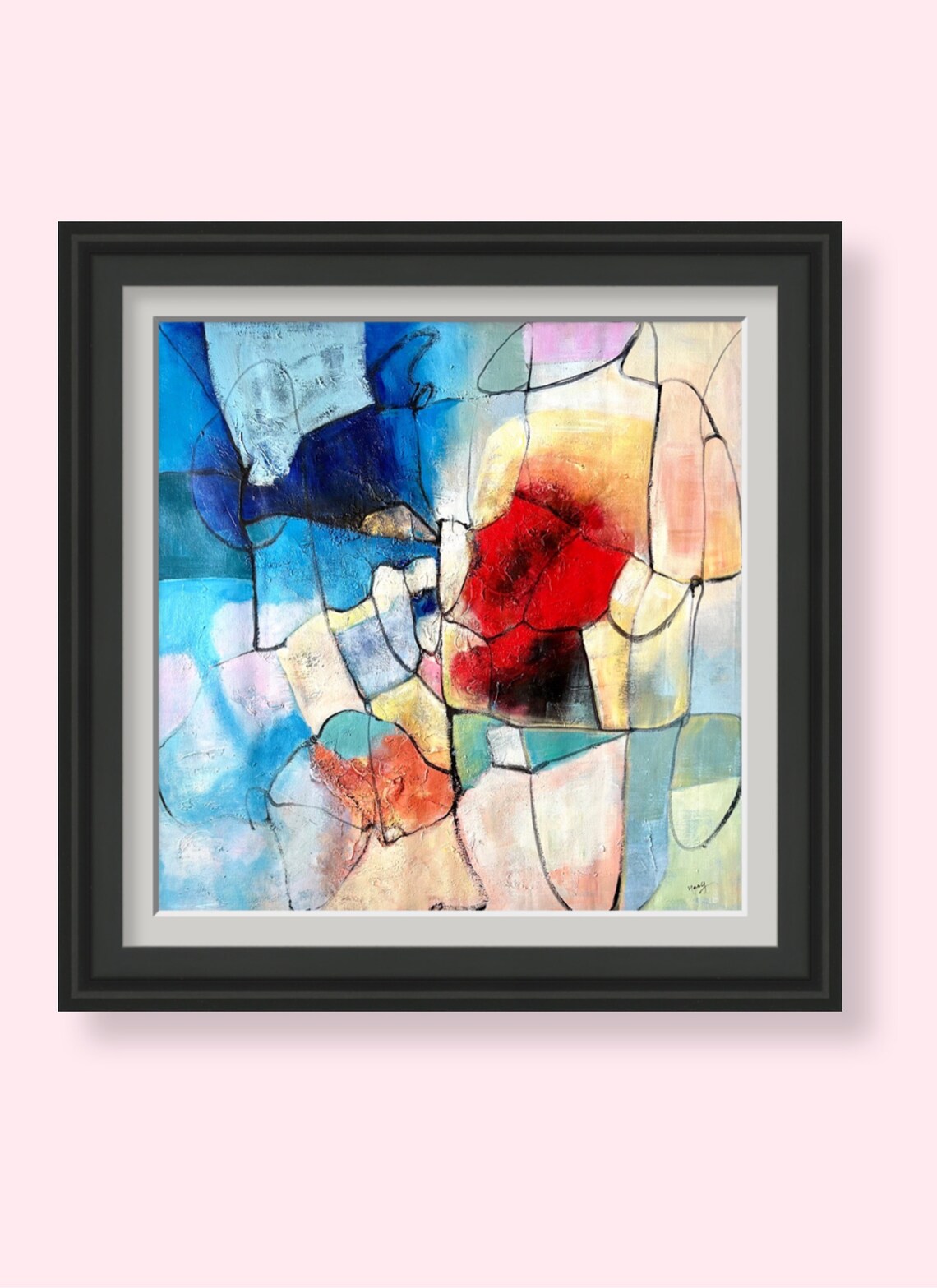 Abstract Blue Red Yellow Geometric Mosaic Oil Painting Print