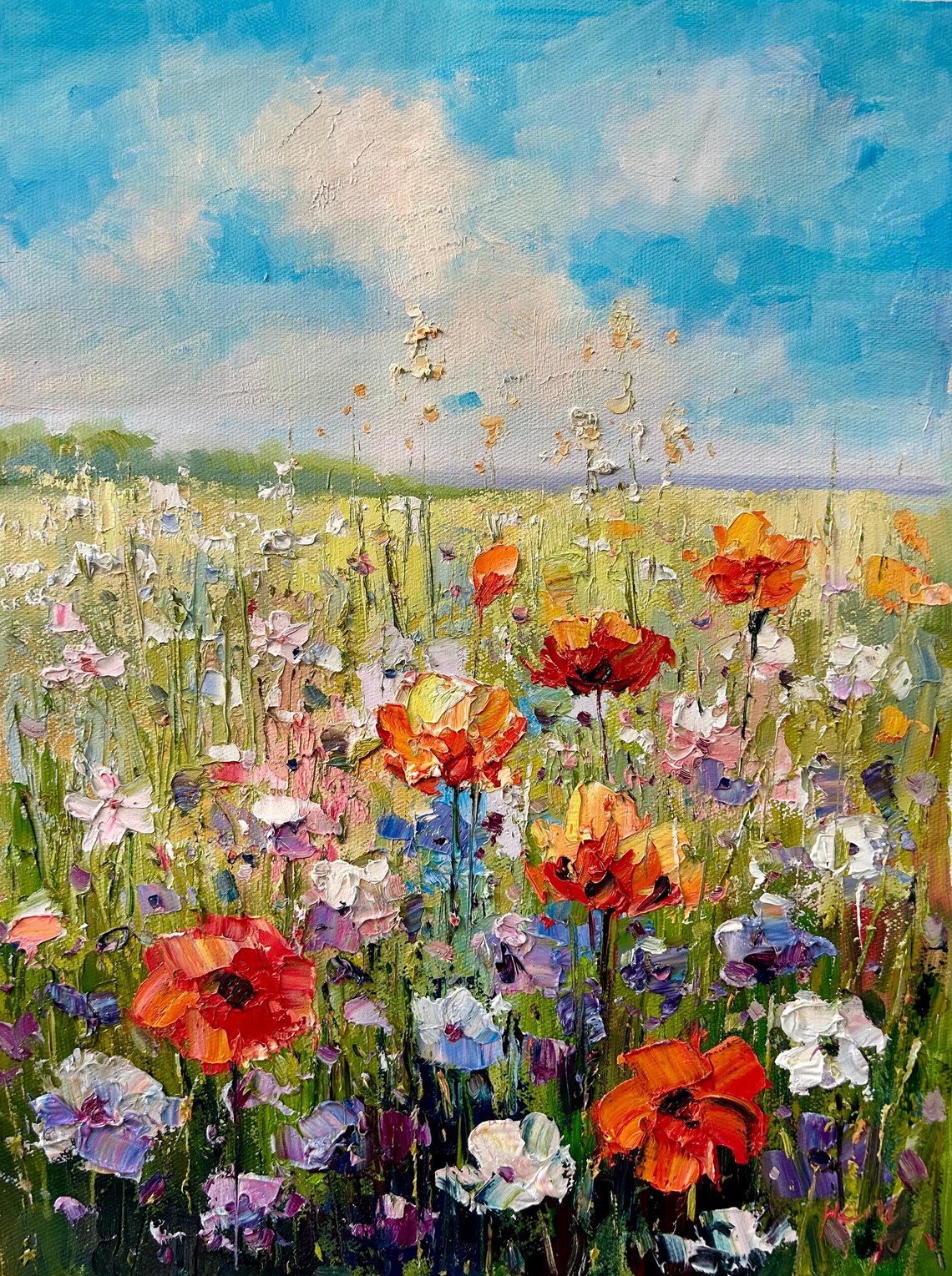 Wildflower Meadow Oil Painting Red Poppies Blue Sky Summer Poster - Image 5