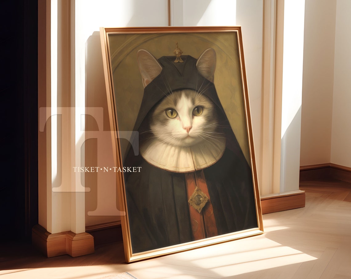 Religious Cat Vintage Style Portrait Painting Wall Art