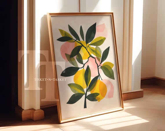 Pink Botanical Lemon Tree Watercolor Painting Vertical Wall Art