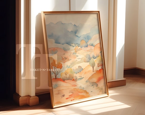 Simple Watercolor Landscape Painting Neutral Orange Blue And Peach Tones Wall Art