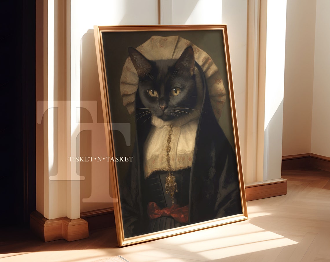 Religious Black Cat Victorian Portrait Vintage Style Painting Vertical Wall Art