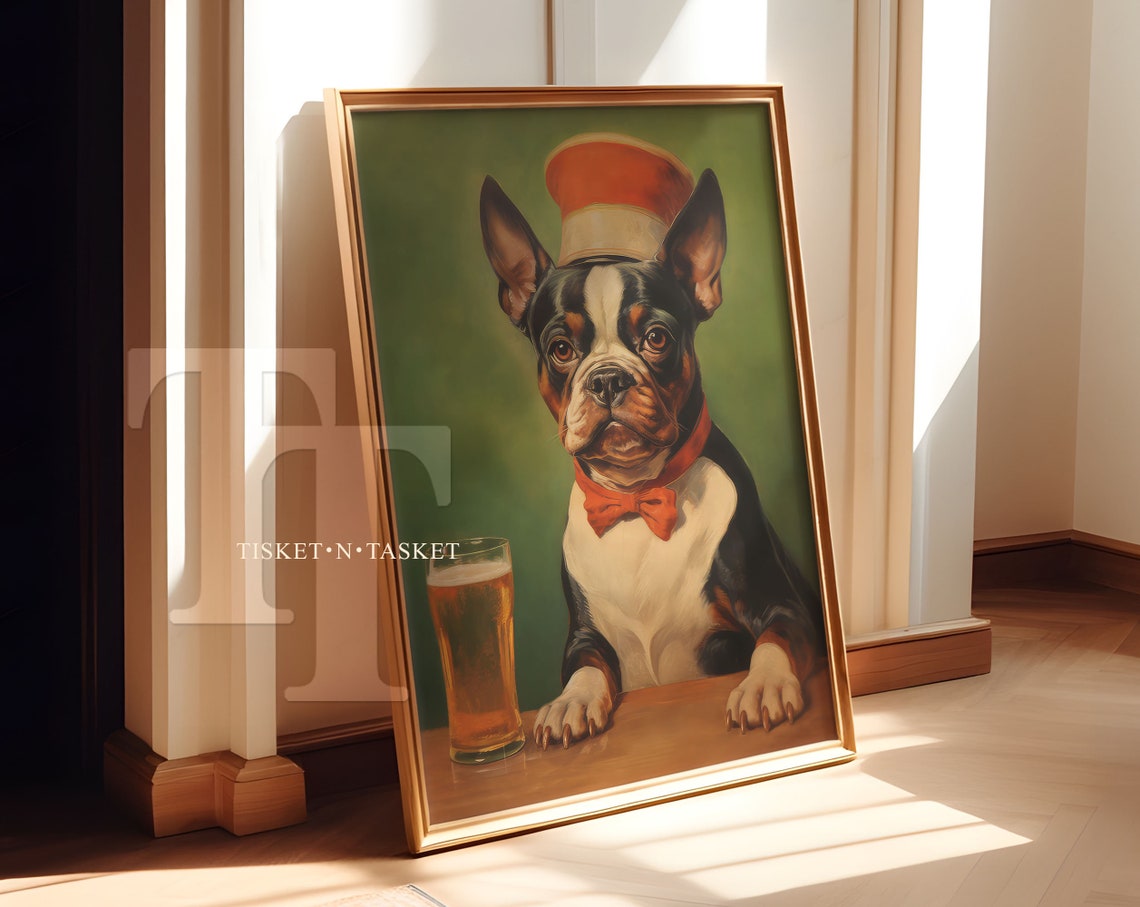 Boston Terrier Dog in Bartender Hat With Beer Glass Painting Poster