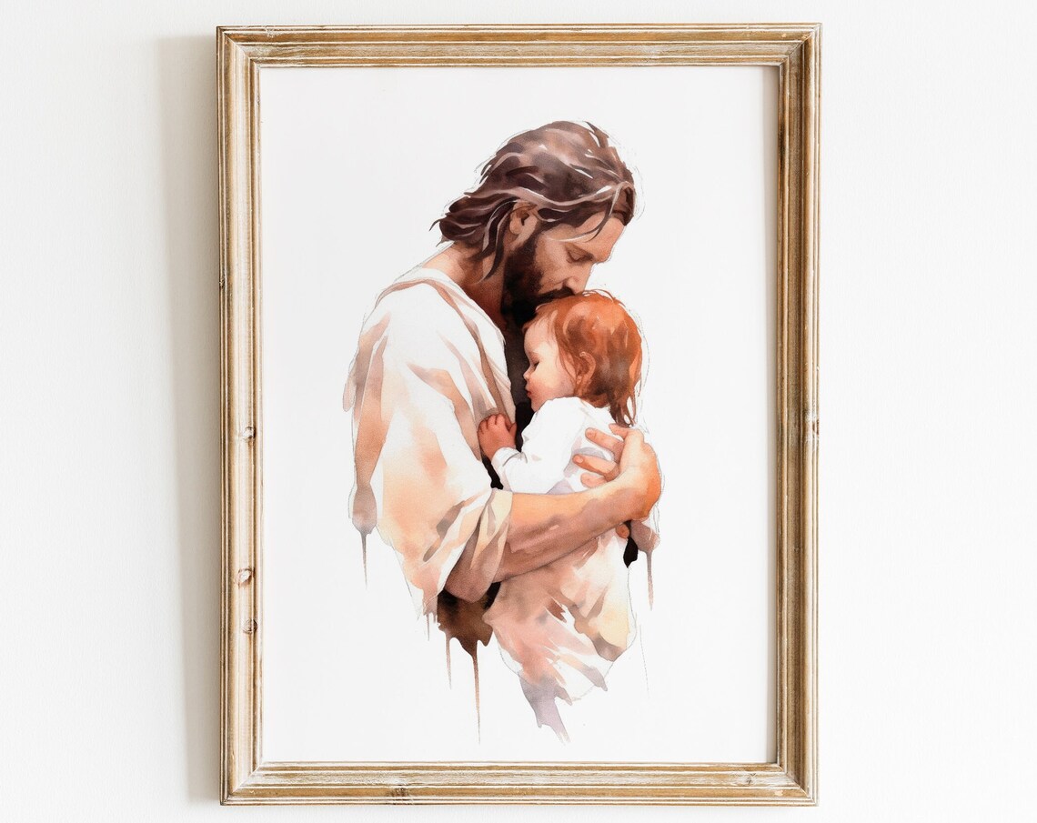 Jesus Painting With Girl, Christian Nursery Art Print