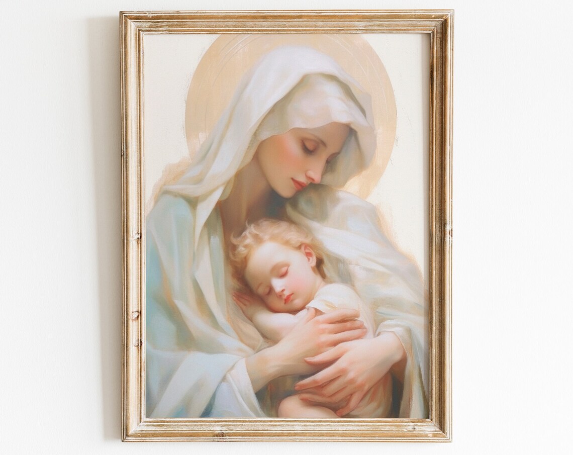 Virgin Mary and Jesus Catholic Farmhouse Art Print