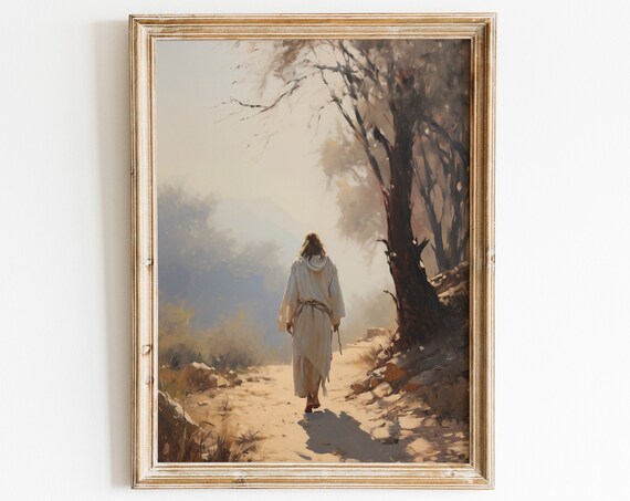 Jesus Walking the Path Misty Morning Warm Christian Oil Painting Poster