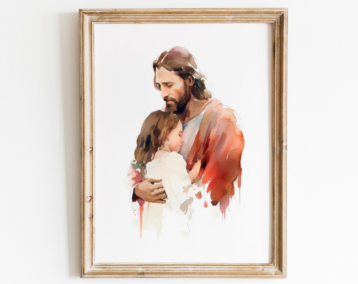Jesus Embracing a Little Girl Watercolor Christian Faith Artwork Print
