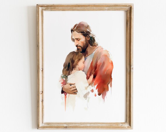 Jesus Embracing a Little Girl Watercolor Christian Faith Artwork Print