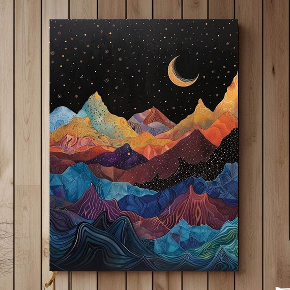 Night Sky, Colorful Mountains Watercolor Art Print