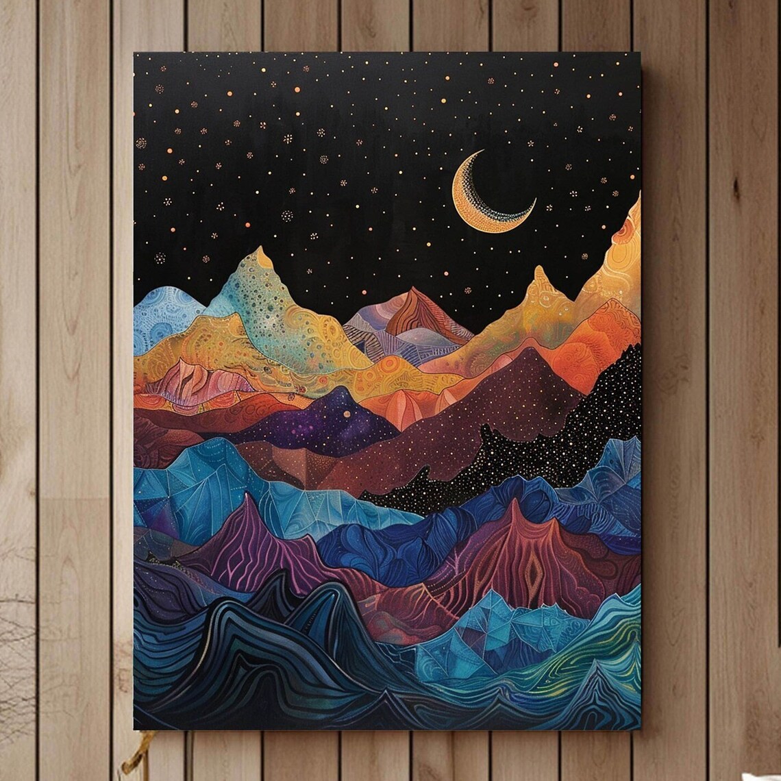 Night Sky, Colorful Mountains Watercolor Art Print