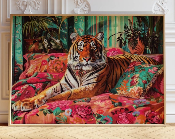 Tiger Floral Print Maximalist Wall Art Dopamine Decor Colorful Wall Art Floral Home Decor Bedroom Wall Art Trendy Print Preppy Room Decor