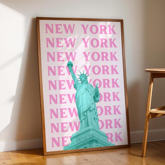Pink New York Wall Art Preppy Nyc Travel Poster Girly Statue Of Liberty Print Trendy City Cute Decor