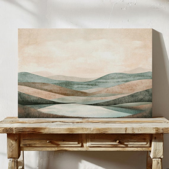 Minimalist Mountain Landscape Art Print Neutral Pastel Abstract Hills And Lake Wall Decor For Calm And Modern Home Interiors
