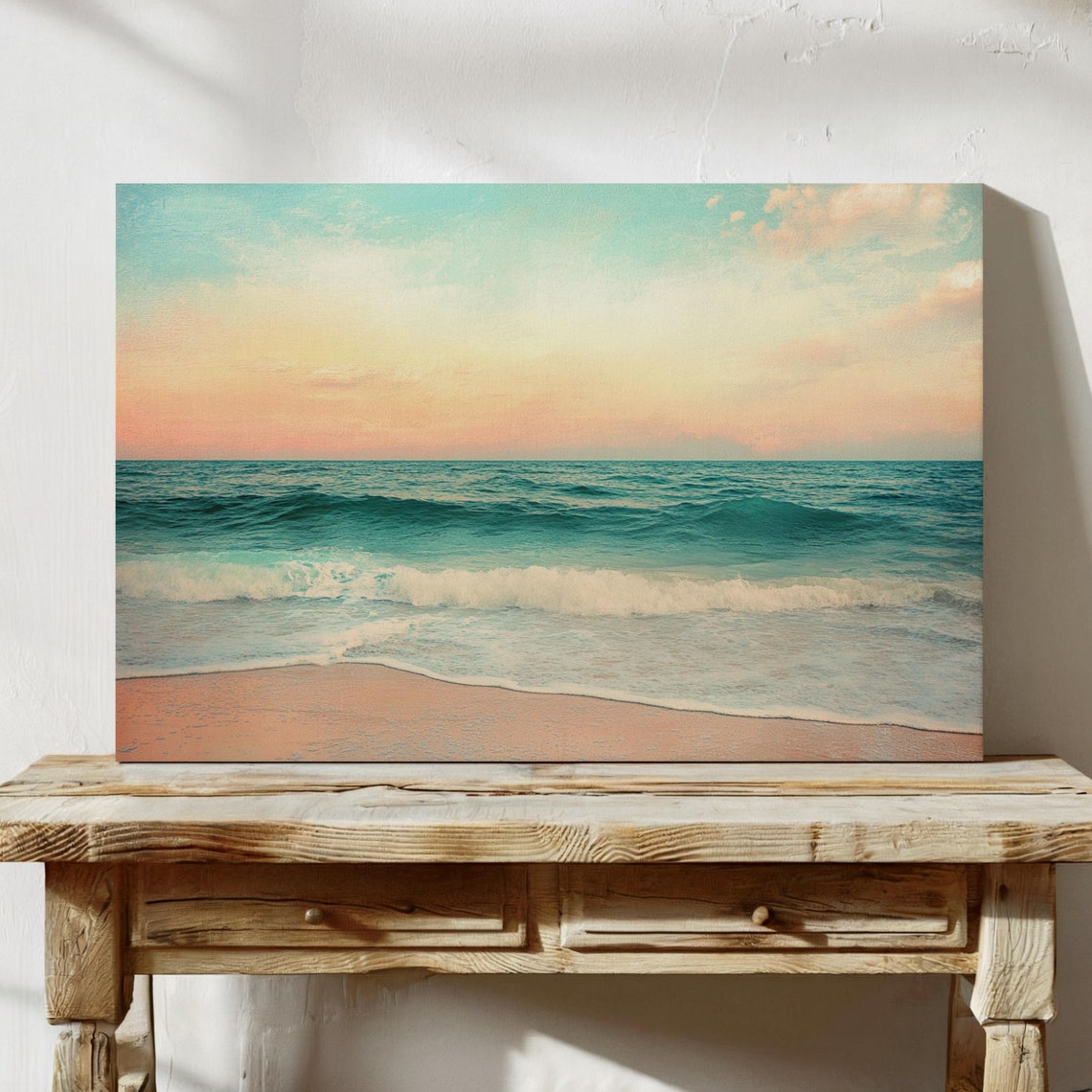 Pastel Beach Sunset With Turquoise Waves And Pink Sand Coastal Poster