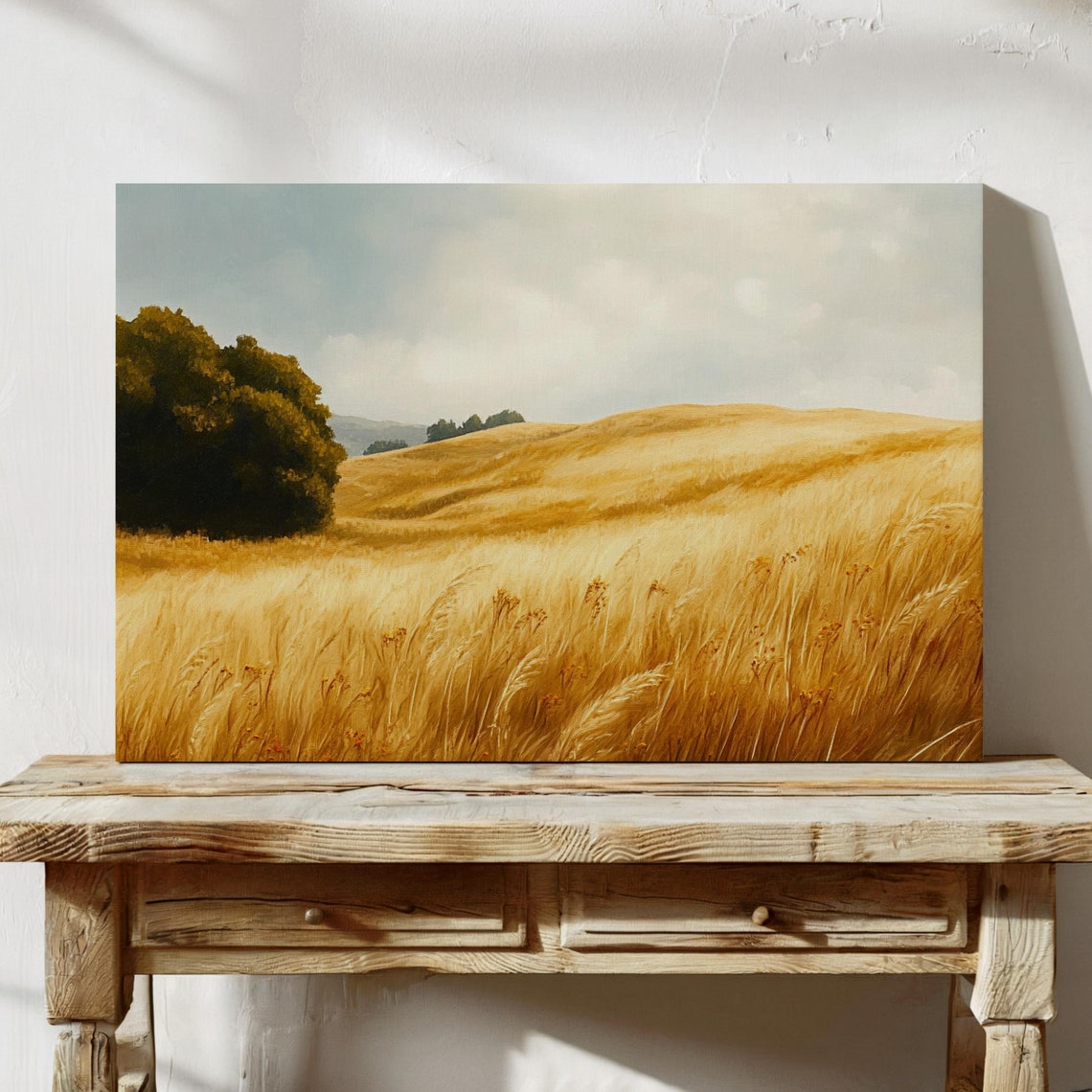 Golden Wheat Fields Under Soft Skies Serene Landscape Wall Art Print For Rustic And Nature Inspired Home Decor