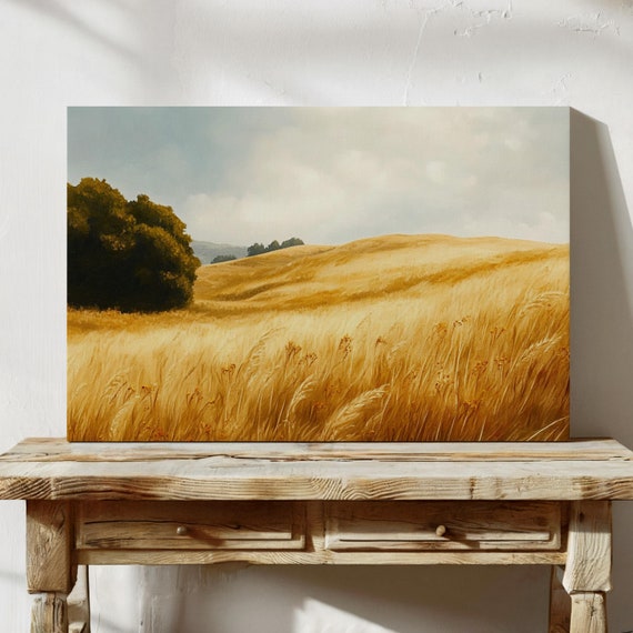 Golden Wheat Fields Under Soft Skies Serene Landscape Wall Art Print For Rustic And Nature Inspired Home Decor