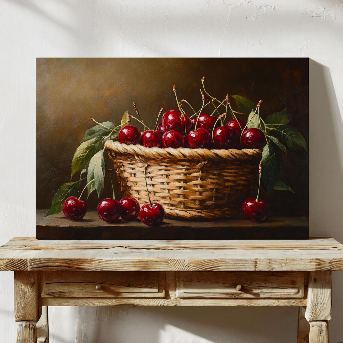 Basket Of Cherries Still Life, Rustic Kitchen Decor