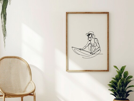 Minimalist Line Art Of Surfer Girl In Sunglasses On Surfing Board Minimalistic Style Wall Art For Stylish Modern Interior I Frame Included