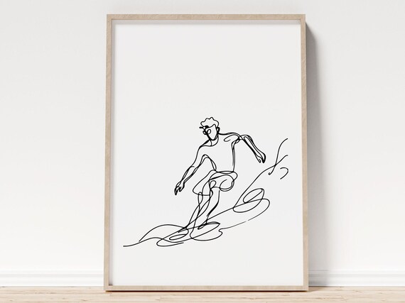 Minimalist Surfer In The Ocean Waves Line Art Print Framed Poster For Surf Lover Minimalistic Home Wall Art I Frames Included Surfer Gift