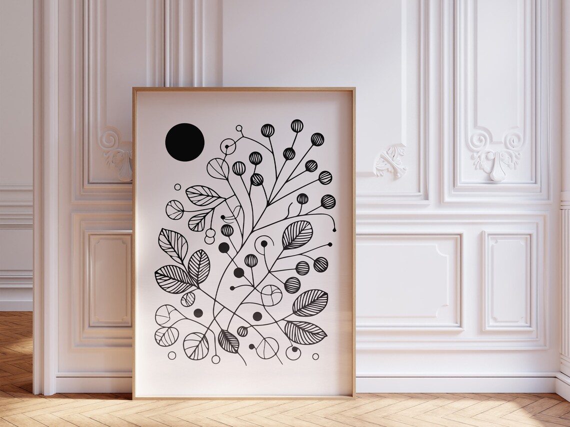 Black Line Art Berries Leaves Botanical Sun Scandinavian Poster