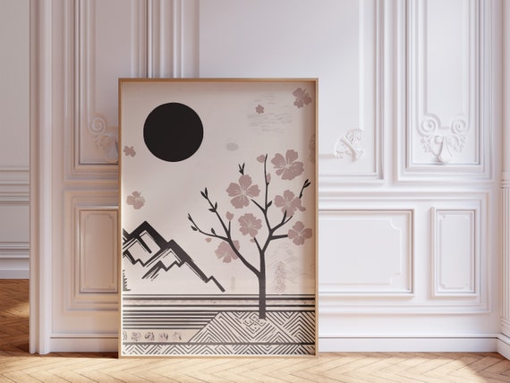 Cherry Blossom Wall Art For Japandi Home Abstract Landscape Illustration With Cherry Tree For Modern Homes Framed Unframed Options