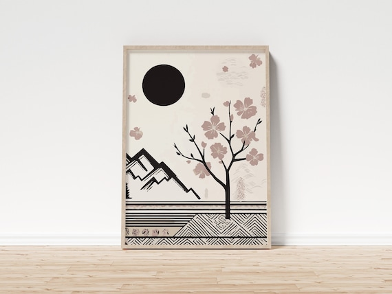 Cherry Blossom Tree Under Black Sun Calm Japandi Style Art Poster