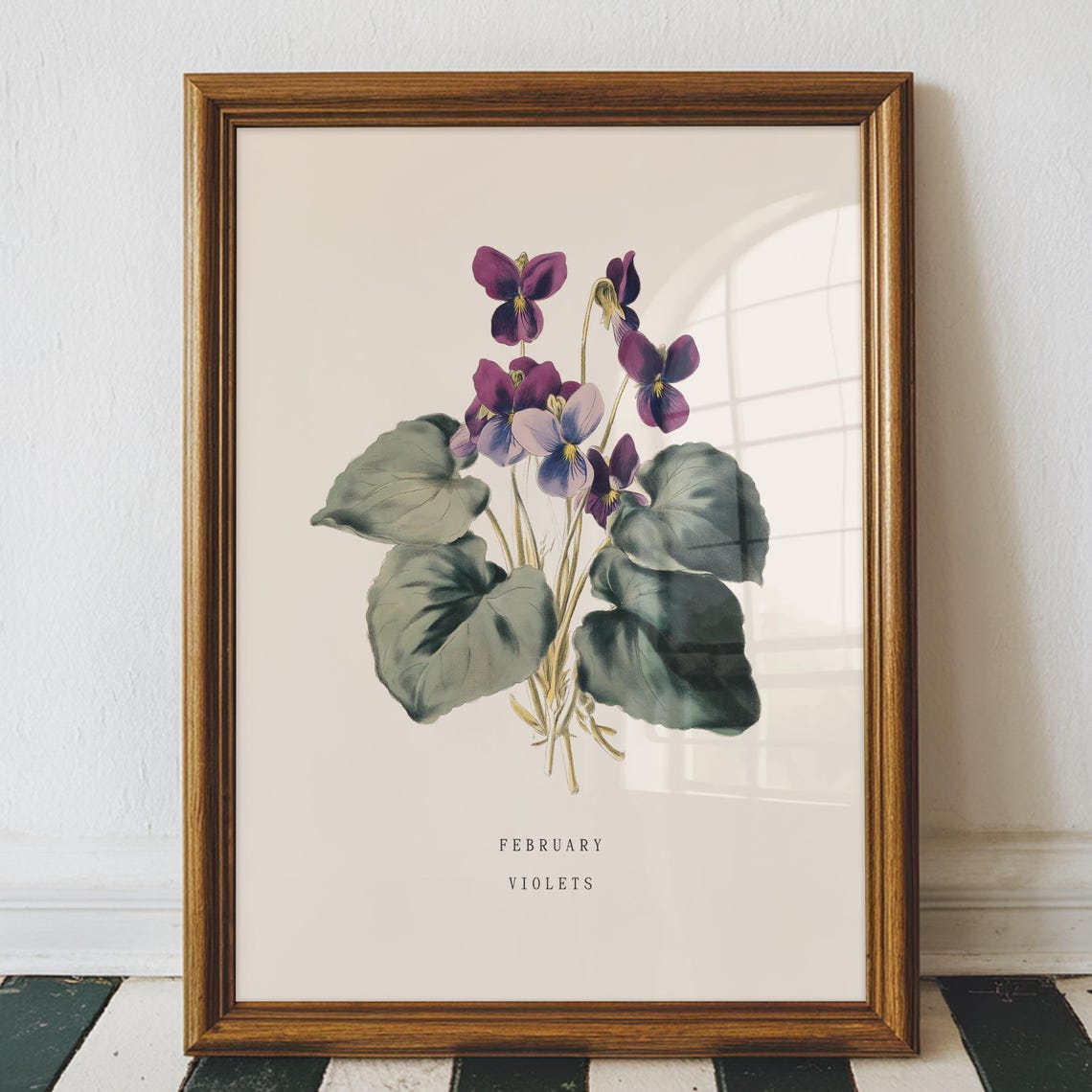 February Violets Vintage Framed Botanical Birth Flower Wall Art