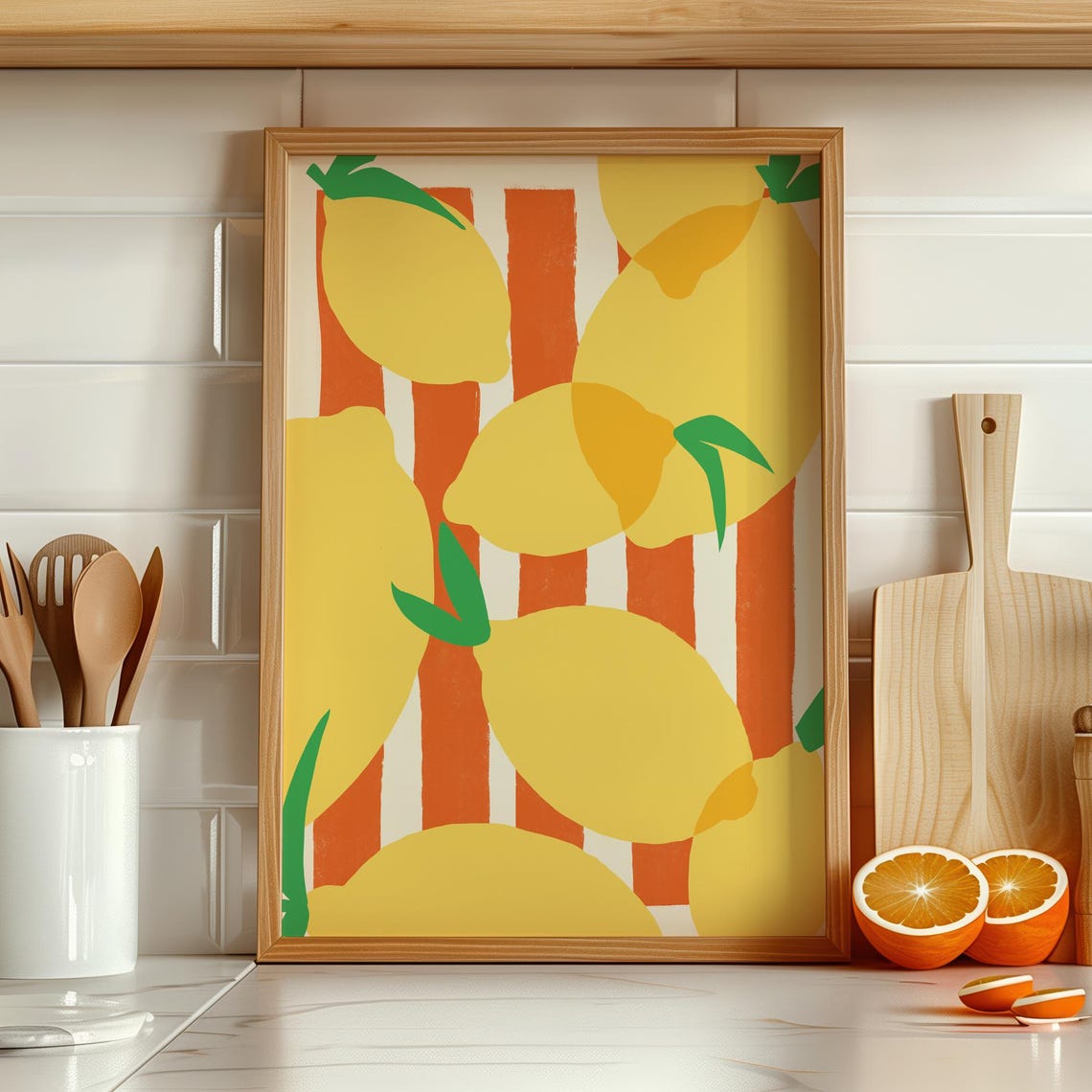 Bold Yellow Lemons On A Red Striped Background Kitchen Poster