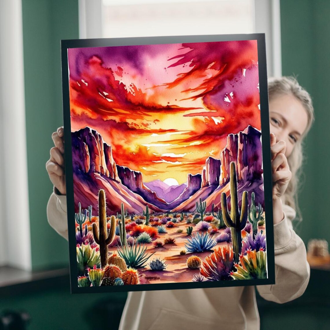 Desert Sunset Cactus Mountain Scene, Art Print