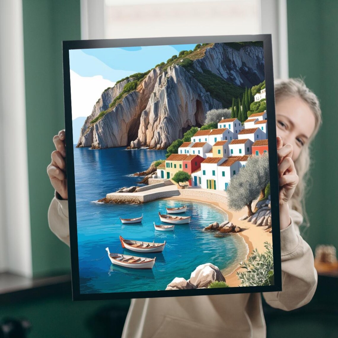 Mediterranean Seaside Cliff Village Colorful Boats Art Poster