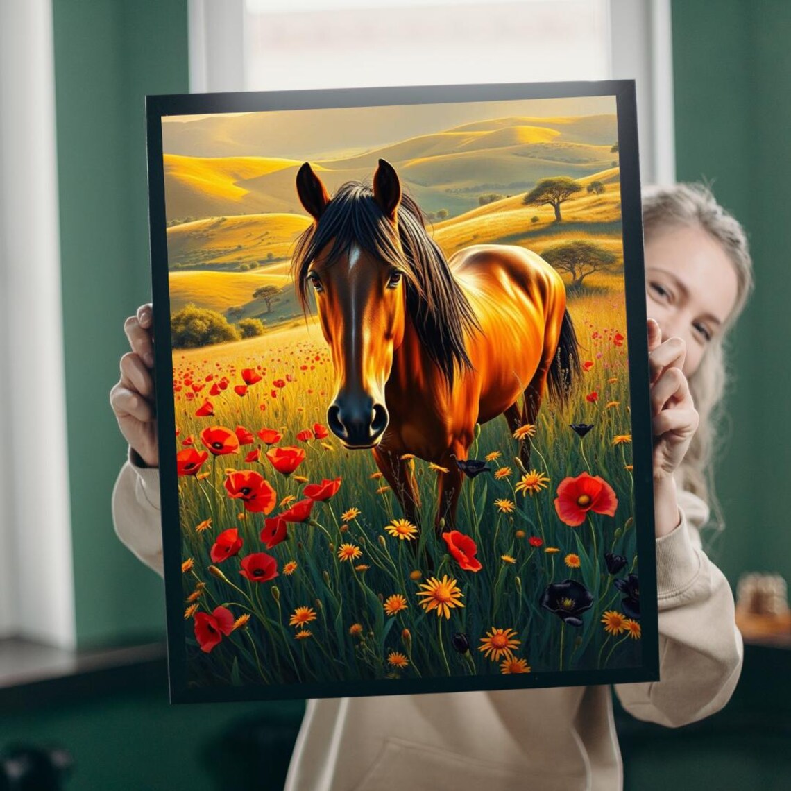 Bay Horse Standing In Red Poppy Meadow Under Golden Hills Poster