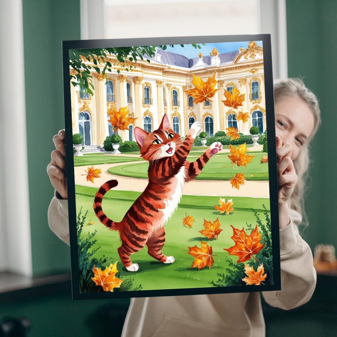 Orange Tabby Cat Autumn Leaves Palace Garden Playful Art Poster