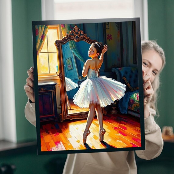 Graceful Ballerina Dancing Before Mirror Colorful Room Ballet Poster