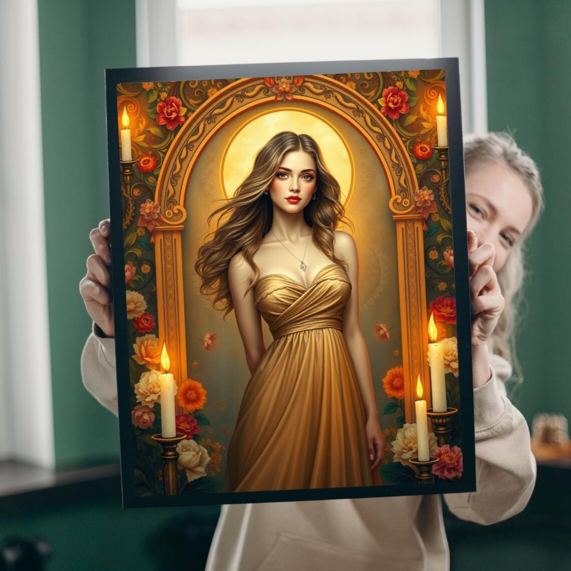 Elegant Woman Golden Dress Floral Art Nouveau Portrait Poster