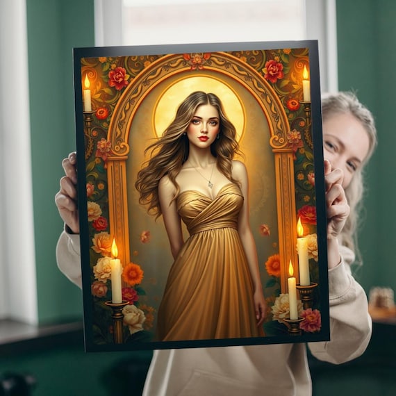 Elegant Woman Golden Dress Floral Art Nouveau Portrait Poster