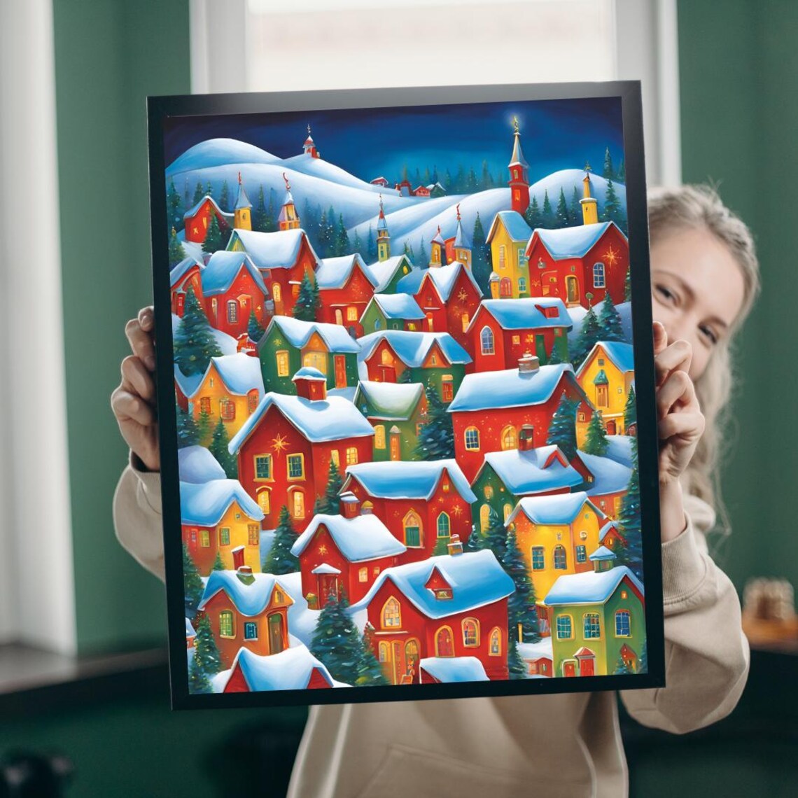 Winter Village Night Scene Snow Covered Houses Folk Art Christmas Wall Art